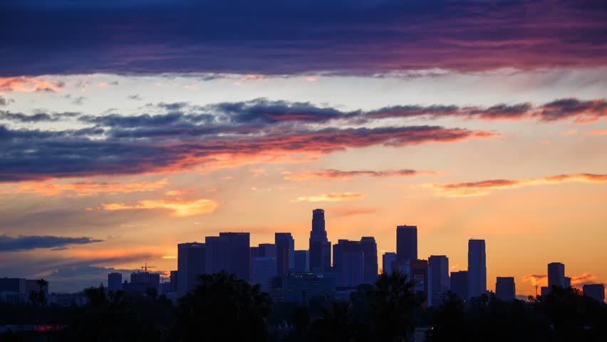 Sunrise. Los Angeles city skyline. Timelapse.