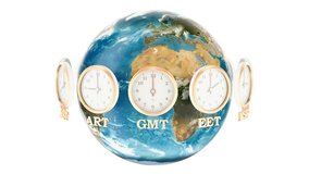 World Timezone concept. The rotating Earth and the clocks rotating around, 3D rendering. Elements furnished by NASA.