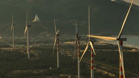 Aerial view, windmill, 4k video, sunset