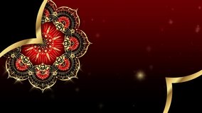 Animation of Luxury sparkling mandala with gold frame in arabesque pattern Indian style. Motion Graphics Video flower Mandala Rotating, elegant red gradient background and copy space for you text