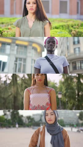 Mosaic of multi-ethnic multi-gender people with angry expression outdoors Royalty-Free Stock Footage #3447803609