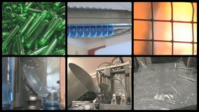 montage of video clips showing pet bottle recycling and production equipment in industrial factory. PAL video clips collection joined to HD.