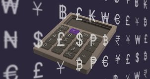 Animation of currency symbols and calculator on dark background. Global finance, business, connections, computing and data processing concept digitally generated video.