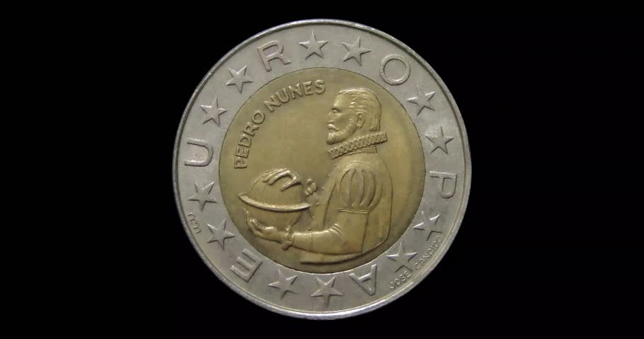 Obverse of Portugal coin 100 escudos 1991, isolated in black background. Seamless animation in 4k resolution video.