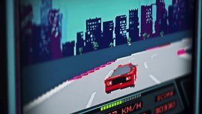 Playing the classic racing game using high speed pixelated vehicle. Playing the pixelated red speedy car to achieve high level score. Playing the old-school speed driving simulator with pixel graphics