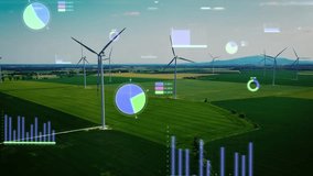 Aerial, background with windmills, graphic HUD display and graphs. Wind energy for environmental protection. Generation of clean renewable energy by wind turbines, digitally holographic elements, 4k. - Powered by Shutterstock - Get 15% off with code: PIKWIZARD15