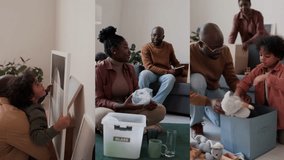 Split screen video of African American family packing stuff and hanging framed picture on wall while moving in new house