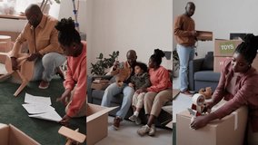 Split screen video of Black family assembling chair with instructions, taking selfie in living room and sealing box with belongings while moving on new home