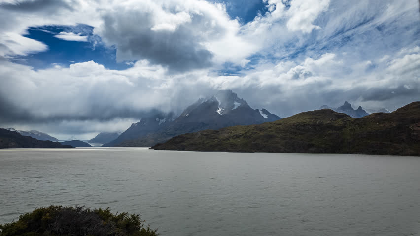 Stunning timelapse of Grey Glacier and lake in Torres del Paine with a panning camera shot from right to left.