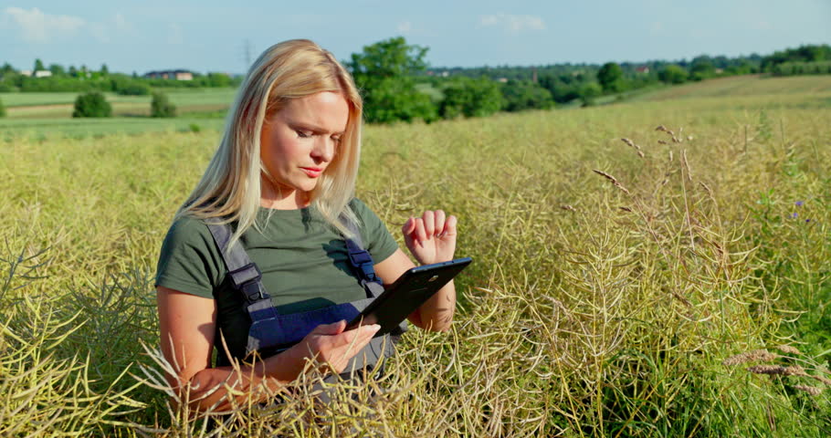 Rapeseed Crop Assessment: Female Farmer Utilizing Digital Tools to Forecast Harvest Yields Royalty-Free Stock Footage #3447935819
