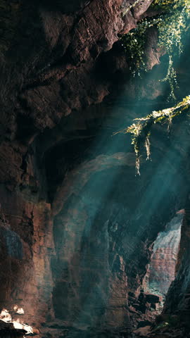 A mesmerizing green light shining through the entrance of a mystical cave