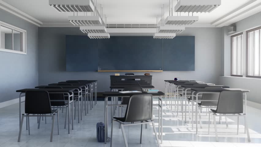 3D animation of a classical classroom with blackboard 