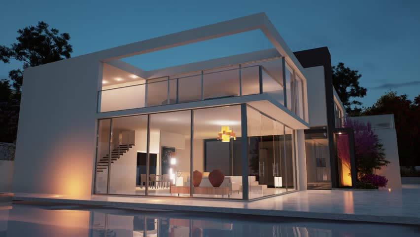 3D animation of a modern luxurious house with swimming pool