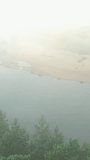 Drone video, fog on the river in summer at sunrise, pine forest by the river, sandy beach Vertical video.