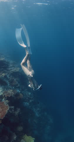 Woman freediver dive with fins on deep in tropical sea. Freediving in transparent blue ocean Royalty-Free Stock Footage #3448054045