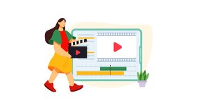 Video Editing production vector illustration. Film editing monitor, clap board, film strip, camera, video player interface