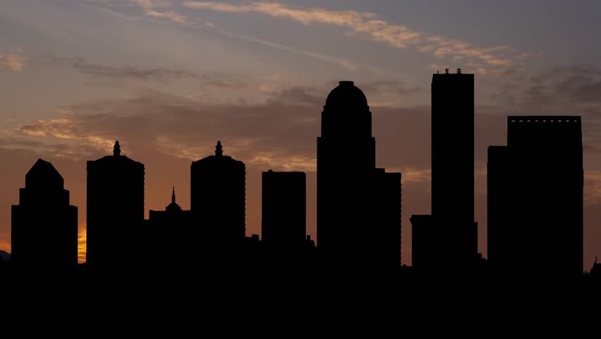 Louisville city skyline silhouette, Time Lapse at Sunrise with Colorful Sky, Kentucky