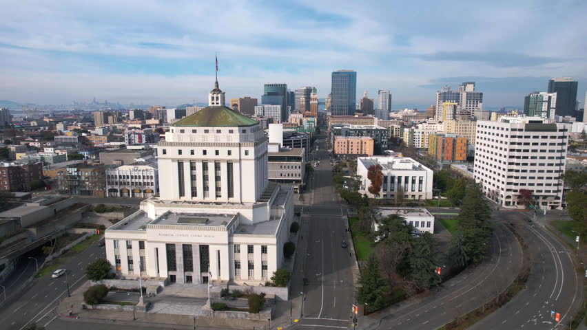 Oakland CA USA, Drone Shot of Alameda County Superior Courthouse and Downtown Buildings