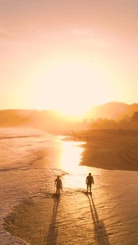 AERIAL SILHOUETTE: Couple of surfers walking down the beach carrying surfboards. Surf friends checking waves in golden light before morning surf session. Gorgeous scenery at Playa Venao in Panama. Royalty-Free Stock Footage #3448200389