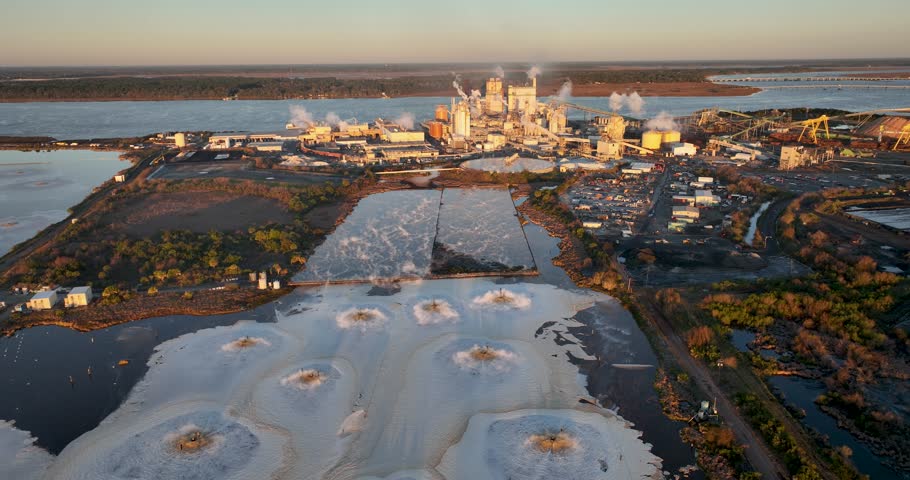 Aerial view of effluent discharge from a pulp and paper mill in Brunswick, Georgia.