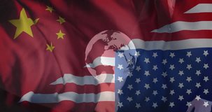 Animation of scanner, globe and hand moving over flags of china and america. Chinese, american, connection, business, digital interface, politics and global communication, digitally generated video.