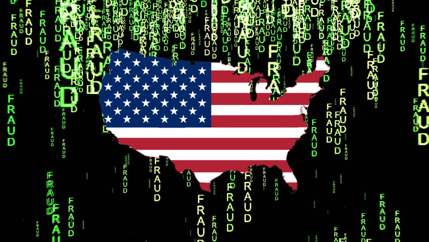 surrounded by cascading green text with the word FRAUD repeatedly shown. This composition suggests a theme of cyber security threats or economic deception affecting the nation. Royalty-Free Stock Footage #3448235391