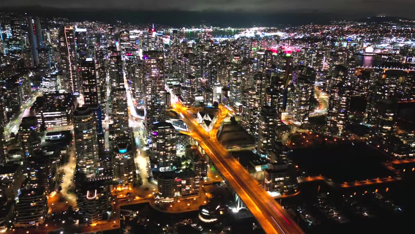 Aerial time-lapse on downtown of Vancouver at night, Canada