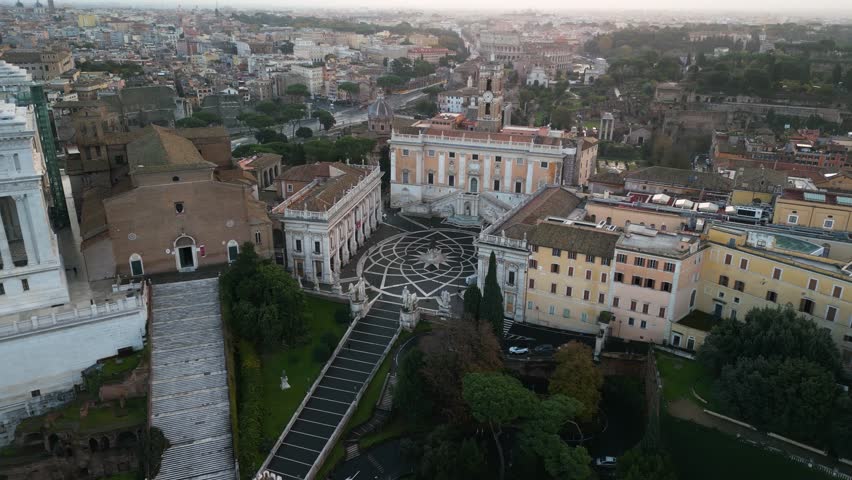 Drone Orbits Above Piazza del Campidoglio in Rome, Italy