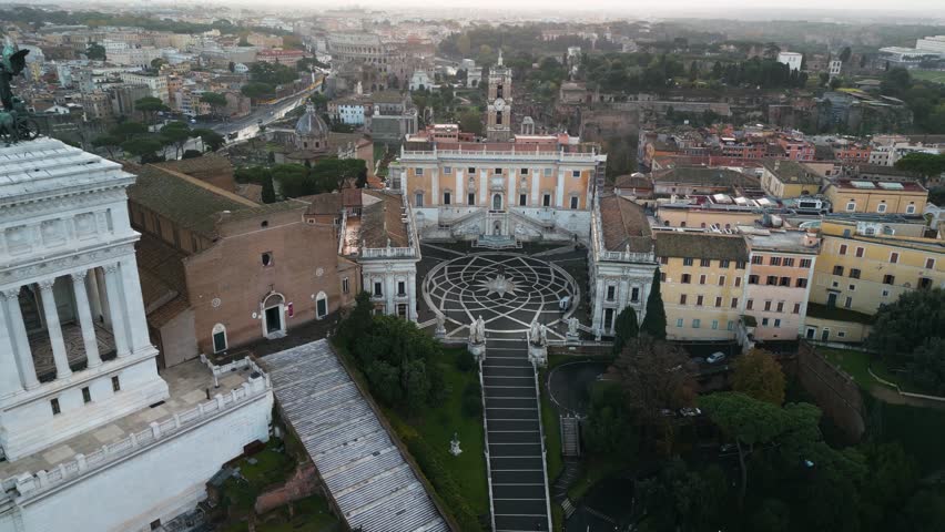 Piazza del Campidoglio - Cinematic Establishing Drone Shot. Rome, Italy