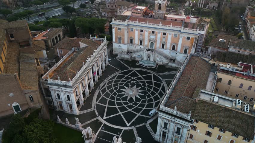 Piazza del Campidoglio - Rome, Italy. Birds Eye Orbiting View