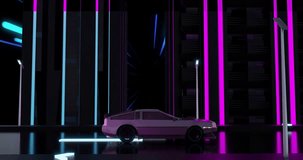 Animation of car driving past neon city buildings at night. Connection, data, transport, journey, driverless car, digital interface and communication, digitally generated video.