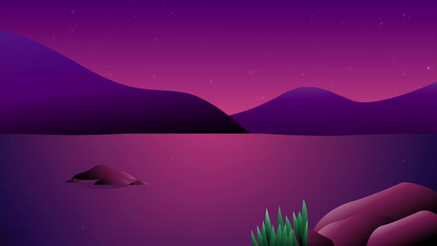Animated lake view decorated with stars, mountains, rocks and some grass