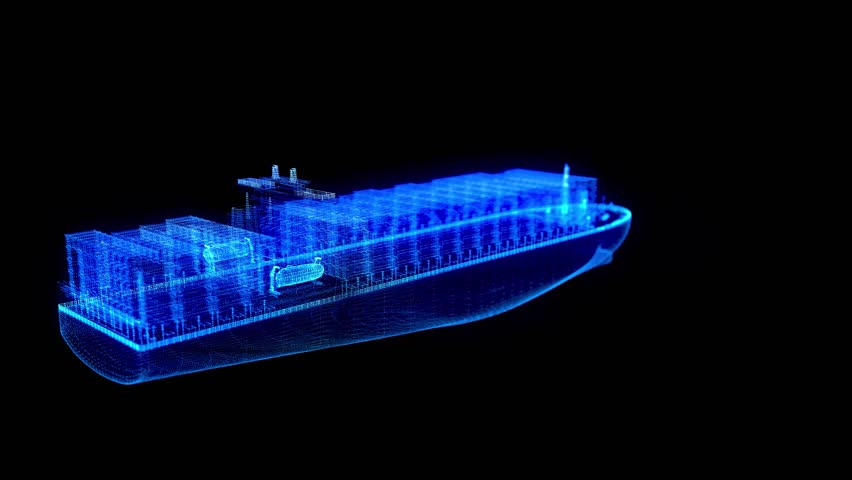 Container ship full load container for logistics import export, shipping or transportation concept background. Blue particles and lines form wire-frame 3d model container ship.