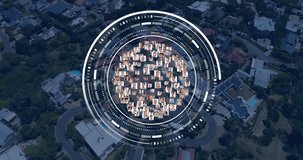 Animation of scope with photos and data processing over cityscape. Global artificial intelligence, connections, computing and data processing concept digitally generated video.