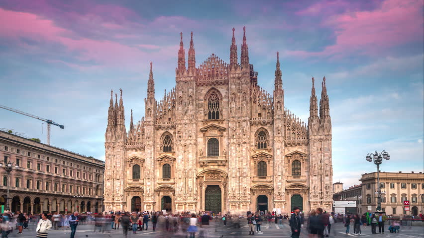 Milan Cathedral Hyperlapse Time lapse. People walking on Square Piazza Duomo di Milano and Gallery Vittorio Emanuele II, during the fashion week timelapse city in 4K.