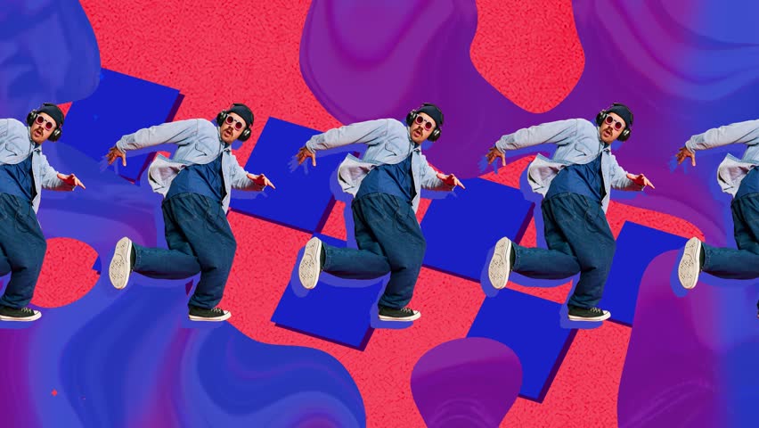 Young man in sport style clothes listening to music in headphones and dancing over abstract colorful background. Stop motion, animation. Concept of y2k style, creativity and inspiration. Poster, ad