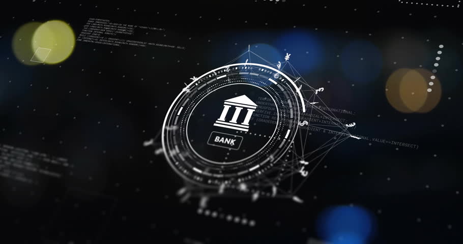 Animation of globe with bank and currency icons and data processing over black background. Global business, connections, computing and data processing concept digitally generated video.