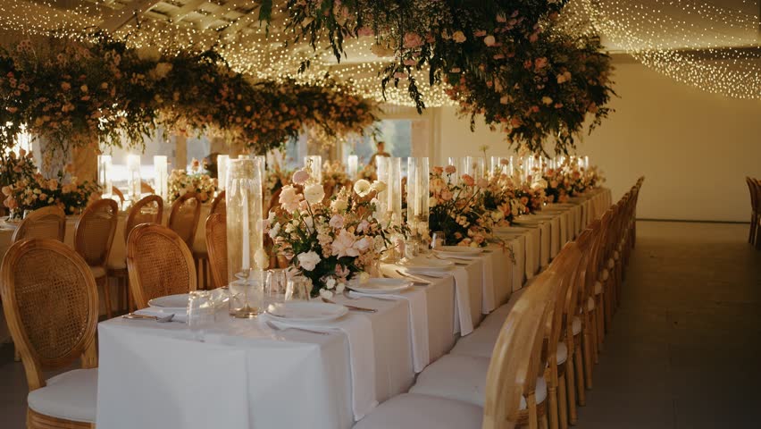 Wedding reception dinner decorations Dinner table setup sunset background. Close up decoration flowers candles Boho style. Romantic wedding reception party Royalty-Free Stock Footage #3448551793