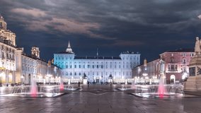 Hyperlapse: Piazza Castello Turin city italy at night timelapse hyperlpase video. Torino italy city main sqaure in old town at night.