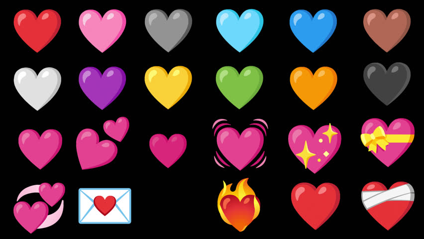 Extended Pack of All Time Favorite Animated Heart Emoji on Transparent Background. Heart Emoji Set with Alpha Channel. 24 Hearts in 4K Resolution with Seamless Loop.
