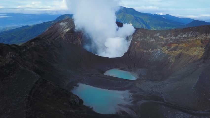 Aerial View Volcano Crater Costa Rica. Smoking Active Crater Turrialba Volcano.