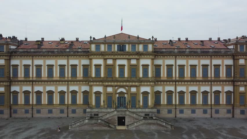 AERIAL: Royal Palace of Monza, one of the major tourist attraction in Lombardy, Italy.