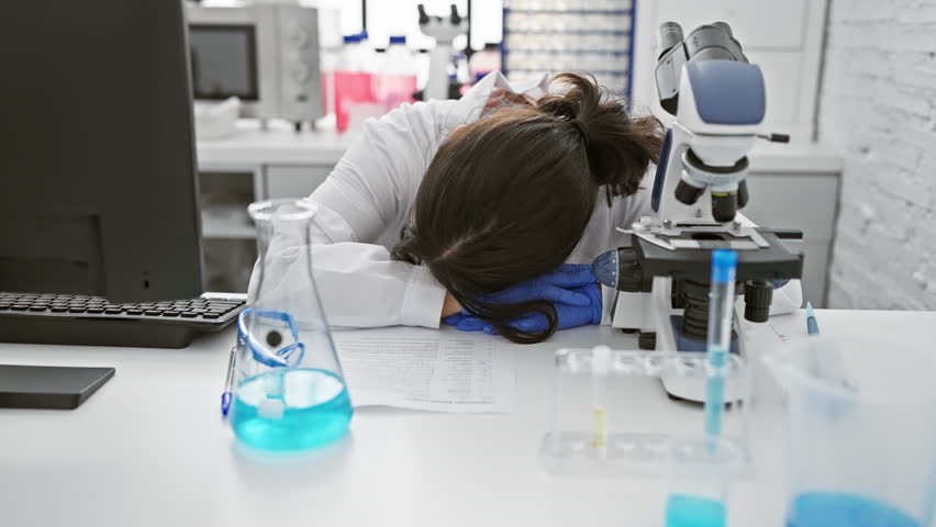 A young hispanic woman clinician in a laboratory setting examining samples with a microscope and taking notes, conveying scientific research indoors. - Powered by Shutterstock - Get 15% off with code: PIKWIZARD15