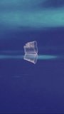 Vertical video, Plastic cup is drifting under surface of Ocean, slow motion. Transparent disposable acrylic glass floating underwater in blue water reflecting on surface in coastal zone during calm 