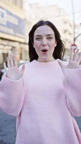 Portrait of a young woman in a pink sweater posing with urban street background