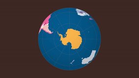 Rotating planet. South pole sphere view. Moderate speed planet rotation. Colored countries style. World map with graticule lines on Dark background. Excellent animation.