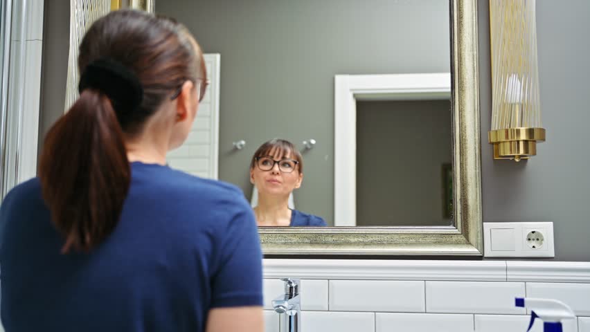 Woman cleaning bathroom, washing mirror with spray bottle and rag