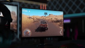 Using a fun red truck vehicle in a drifting mission of a computer video game. Drifting the vehicle in the fun racing simulator level. Winning the fun desert drifting level with a fast vehicle.