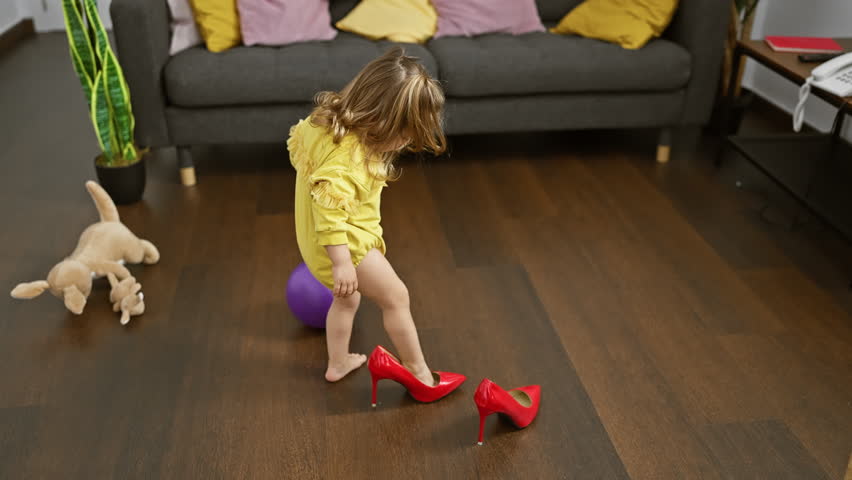A curious blonde child tries on red high heels in a cozy living room with a plush toy and purple ball nearby, epitomizing playful innocence at home.