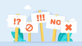 Set of signs with signs of prohibition, refusal, negative, against, protest, no. No answer choice, placard with no sign, person say no vote. Disagreement, protest, complaint. 2d flat animation